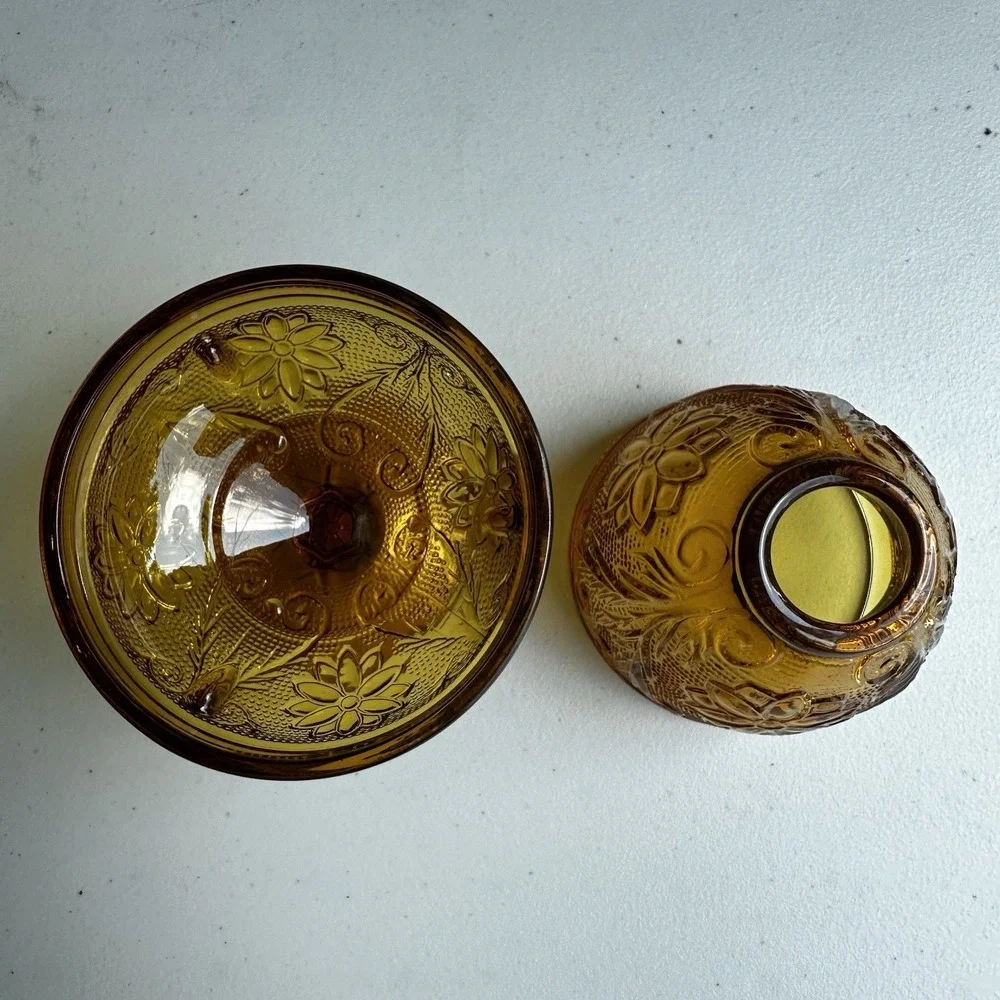 Vintage Indiana Glass Tiara Amber Sandwich Fairy Lamp Candle Holder Cottagecore